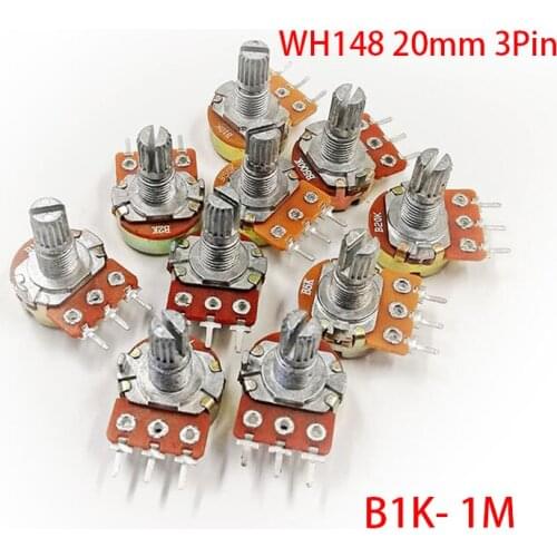 5pcs WH148 3Pin 20mm Potentiometer B1K B2K B5K B10K B20K B50K B100K B250K B500K B1M 1K 2K 5K 10K 20K 50K 100K 250K 500K 1M