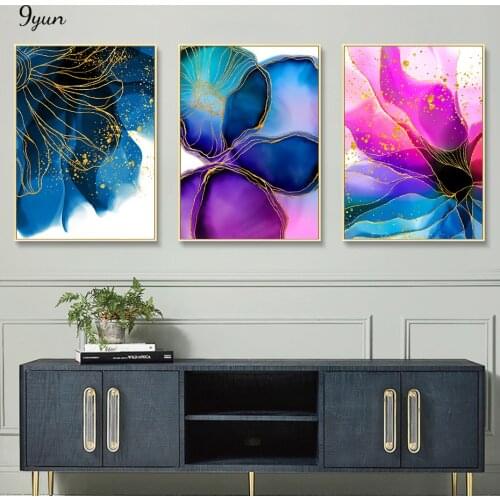 Abstract Gold Lines Poster Watercolor Purple Pink Blue Wall Art Print Canvas Painting Modern Art Mural Picture Living Room Decor