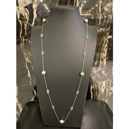Long chain necklace 18K white gold natural tahitian pearl and topaz necklace genuine luxury jewelry fine women jewelry 72CM