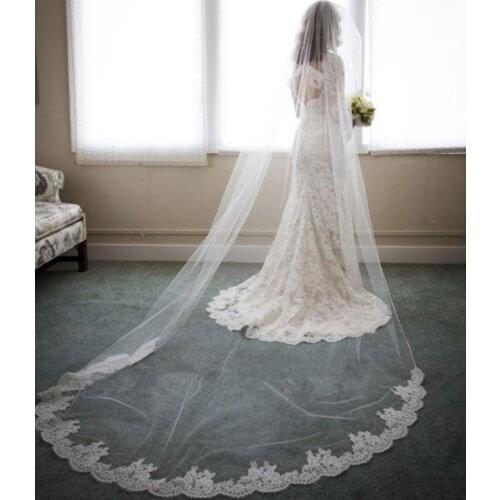 Romantic 2.8M Wedding Veils Cathedral Sequined Lace Appliqued Edge Long Bridal Veils Face Veil Woman Marry Gifts Velos De Novia