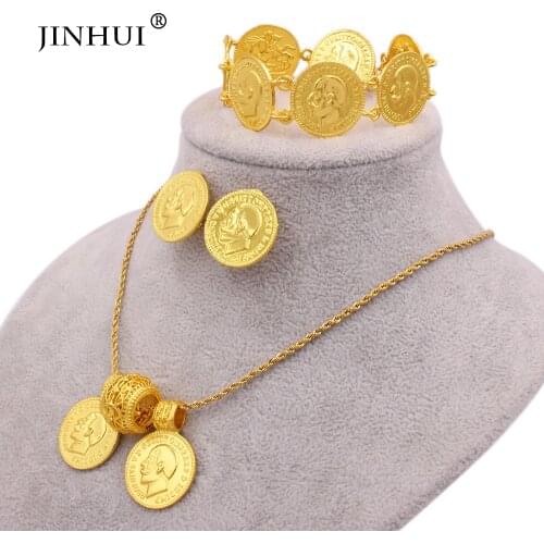 Jewellery set 24K gold color jewelry sets for women big coin pendant necklace earring bracelet Dubai African bridal gifts set