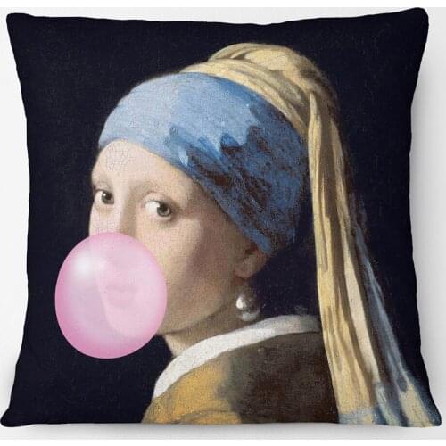 European Retro Beauty Girl Woman Cushion Covers Altered Art Portrait Oil Painting Blowing Bubbles Decorative Pillow Case 45X45cm