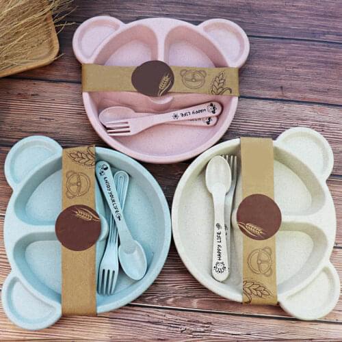 Baby Bowl+Spoon+Fork Feeding Food Tableware BPA Free Cartoon Bear Kids Dishes Baby Eating Dinnerware Set Anti-hot Training Plate