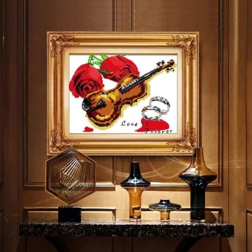 Love Rose Violin Cross Stitch Kits Printed patterns canvas Chinese Embroidery Needlework set Easy DIY Cross-stitch Decoration