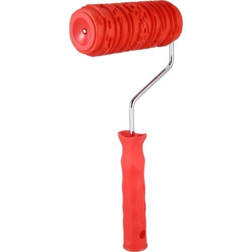 SHGO HOT-6 Inch Painting Roller with Handle Rubber Wood Pattern Graining Knurling Tool for Wall Decoration Red