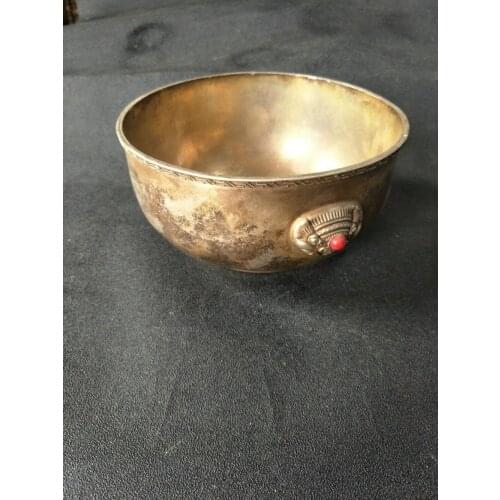 Antique collection Old Qing Dynasty silver bowl, carved animal face, set with precious stones,with mark , free shipping