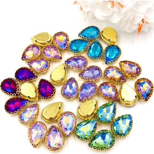New arrival Teardrop shape strass sew on rhinestones gold base lacy claw glass crystal rhinestone Diy clothing accessories 20pcs