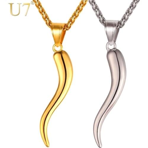 U7 Italian Horn Necklace Amulet Gold Color Stainless Steel Pendants & Chain For Men/Women Gift Hot Fashion Jewelry P1029