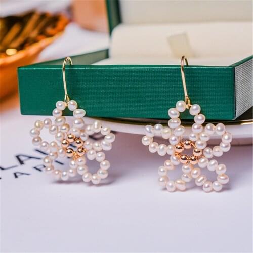Retro Vintage Snowflake Petal Pearl Earrings Natural Fresh Water Pearls 14K Gold Filled for Women