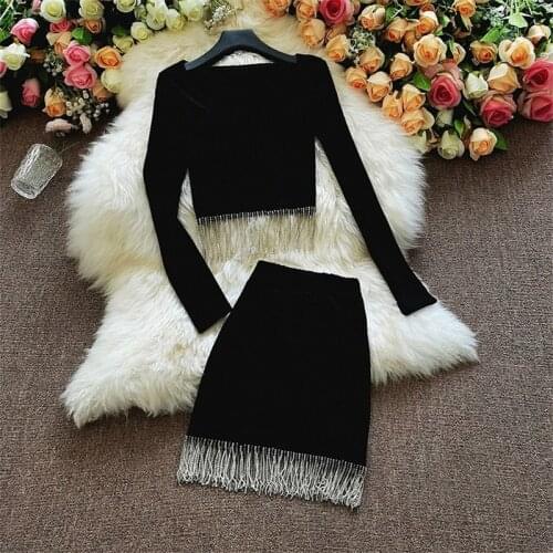 2021 New Fashion Autumn Two Piece Cotton Tops + Tassel Skirt Lady Long Sleeve Tops Women Suits Girl Black Tees Bottomings