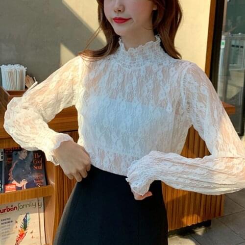 Petal Sleeve Half high collarHollow Out Flower Lace topSpring and Autumn 2021 Sexy primerAll-match Women Lace White Top