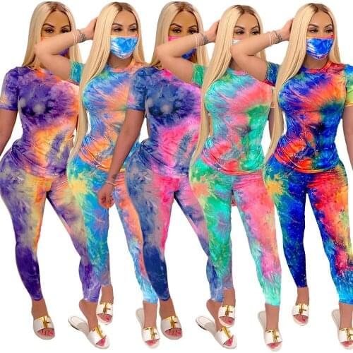 FNOCE 2020 autumn Womens sets tracksuits Tie-Dye o-Neck short sleeve Fashion Casual tight Pants Set two piece (Including Masks)