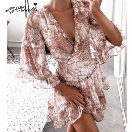 LZEQuella Women Sexy V Neck Print Mini Dress High Waist Ruffled Flare Sleeve Sashes Backless Lace Up Dresses Sundress Vestidos