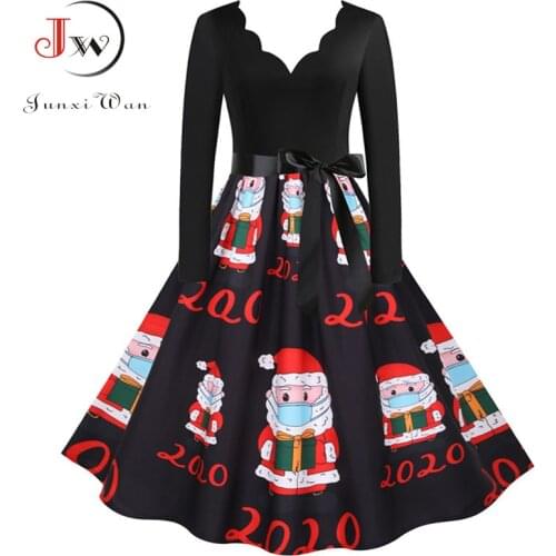 2021 Womens Christmas Dress Long Sleeve V Neck High Waist Elegant Vintgae Women Winter Xmas Party Sundress Plus Size Robe
