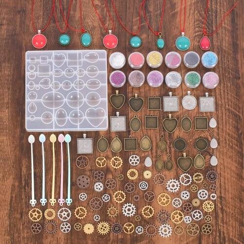 55Pcs Jewelry Craft Casting Tools Set Pendant Silicone Mold Pendant Trays Glitter Gears Stirrers Necklace Making