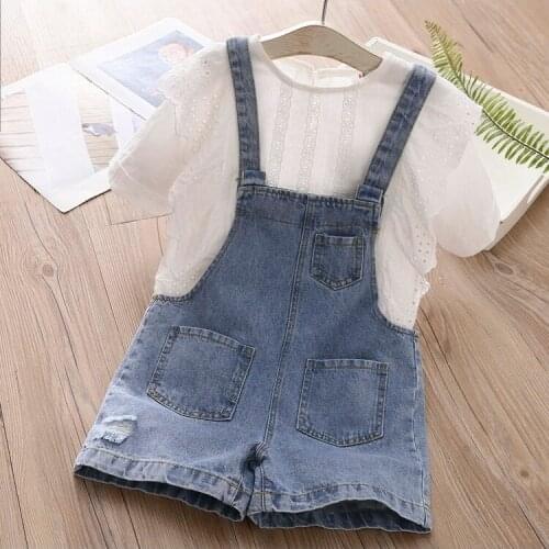 Free shipping 2021 Girls Clothing Set Summer Baby Girls Clothes sets girl lacework t-shirt+Overalls girls Causal suit