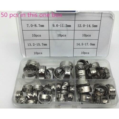 Free shipping Pipe Clamp High Quality 50 PCS Stainless Steel 304 Single Ear Hose Clamps Assortment Kit Single with box