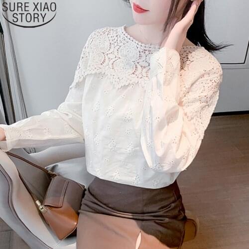 Apricot Blouse Women Lace Blouse Hollow Out Tops Vintage Clothes 2021 Spring Elegant O-Neck Causal Long Sleeve Blusas 13209