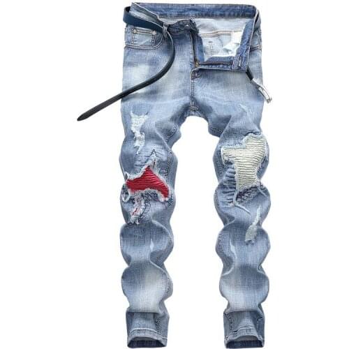 Jeans Men Stretch Ripped Jeans Vintage Clothing Hip Hop Streetwear Distressed Pants Medium Motorcycle Casual Fashion Trend Pants