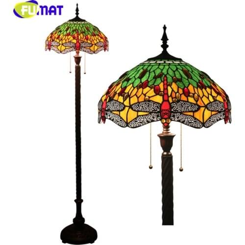 FUMAT Tiffany Red Dragonfly Green Leaf Drawing Stained Glass Floor Lamp Handcraft Arts Home Decor Light 16 Inch Lampshde Light