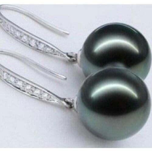 Beautiful a pair AAA round 9-9.5mm tahitian black pearl earrings