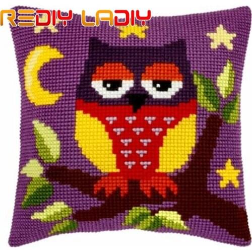 Cross Stitch Cushion Moon Owl and Cat Chunky Yarn Cross-Stitch Kits Needlework Printed Canvas Pillow Home Decor Arts & Crafts