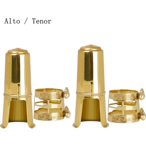 Alto Tenor Saxophone Mouthpiece Cap & Carved Metal Ligature Brass Gold Plated Protective Replacement Caps