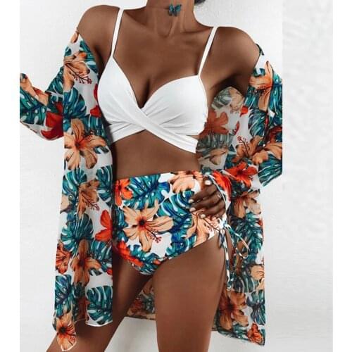 Fashion Sexy Three Piece Floral Print Bikini Swimsuit Summer High-waist Bikini Set Swimwear Women Brazilian Push-Up Bathing Suit
