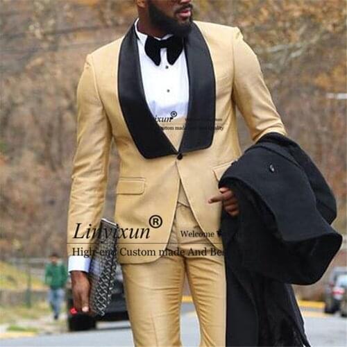 Khaki Men Suits Slim Fit for Wedding Groom Tuxedo Prom Black Lapel Male Set Terno Masculino 3 pieces (Jacket+Vest+Pants)