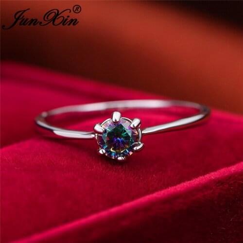 Delicate Rainbow Fire Crystal Round Rings For Women Silver Color Zircon Wedding Thin Ring Band Minimalist Stacking Jewelry
