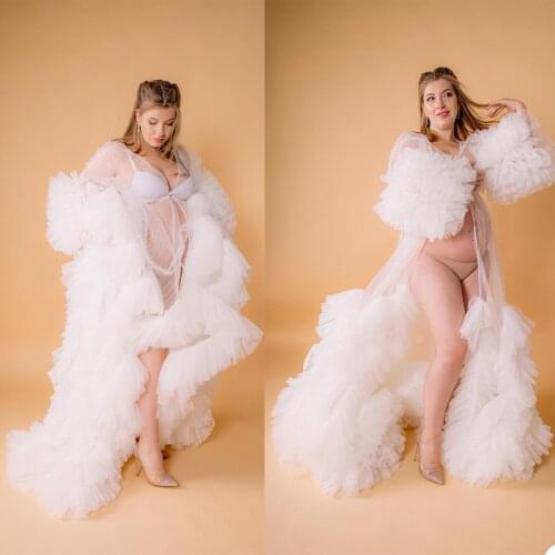 New Ivory Illusion Pregnant Women Photo Dress Tiered Ruffles Long Sleeve Robes Formal Event Overlay Sleepwear Nightgowns