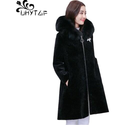 UHYTGF New Casual Winter jacket Women fashion Sheep shearing Fur coat Fox fur collar hooded slim warm long outerwear Plus size89