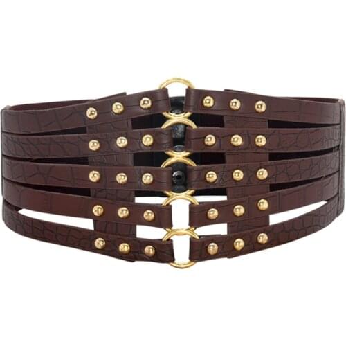 2021 New Vintage Design Brand Metal Ring Gold Belt Ladies Women Belts Rivet Wide Elastic Waist 5 Straps Pu Belt Wholesale