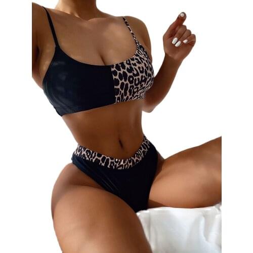 2021 New Womens Swimsuit Leopard Patchwork High Waist Bikini Set