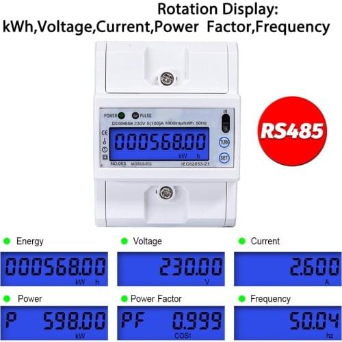 Single Phase 5(80)A 230V AC RS485 Modbus RTU Energy Meter Electric Consumption Meter Monitor Backlight 4P DIN Rail Counter