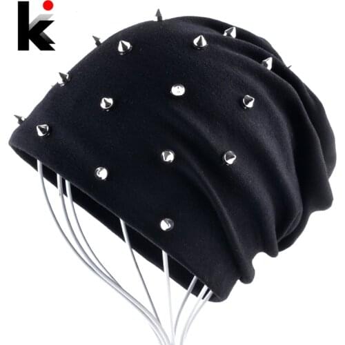 Autumn Beanie Women Solid Color Rivet Skullies Beanies Female Fashion Hip Hop Hat Spring Double Layer Cotton Bonnet Turban Caps