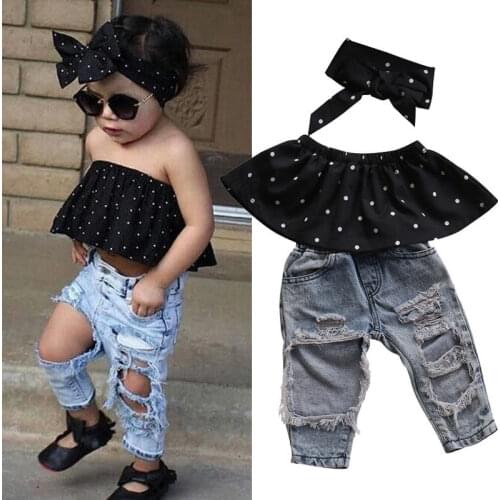 0-3Y Summer Girls Clothes Sets Fashion Toddler Baby Dot Sleeveless Tops Hole Jeans Pants Headband 3pcs Outfits Suit