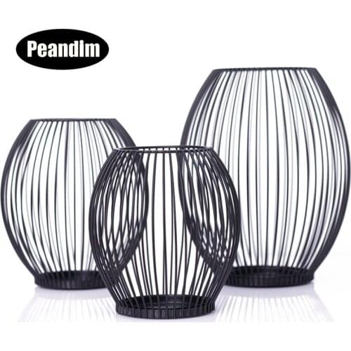 PEANDIM Black Hollow Wire Tealight Votive Candle Holders Nordic Cage Articles Candlestick Party Geometric Lantern For Home Decor