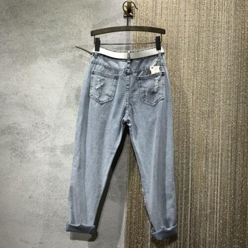 Hole Ripped Jeans Women Summer New High Waist Straight Beading Ankle Length Pants Streetwear Thin Denim Trousers Female S-XL