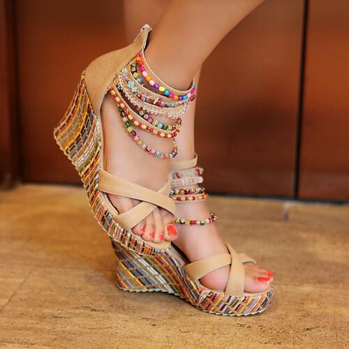 Lucyever 2019 Summer Women Colorful Beads High Heels Sandals National Style Wedges Platform Bohemia Shoes Woman Plus Size 34-43