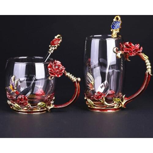 High-grade Flower Tea Glass Cup Rose Enamel Crystal Glass Water Cup Flower Mug with Handgrip Perfect Gift For Lover Wedding