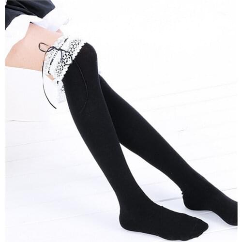 Japanese Sweet Bowknot Ribbon Lace Breathable Stockings Over The Knee Cosplay College Style Girls High Socks