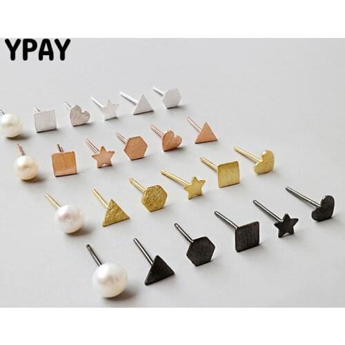 YPAY 100% 925 Sterling Silver Stud Earrings Set for Ladies Girls 6 PCS/SET Small Asymmetry Cute Brinco Jewelry 4 Colors YME244