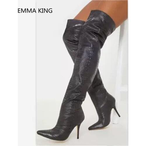 Sexy Pointed Toe Snake Prints Thigh High Boots Womens Slip On Party High Heels Shoes Woman Over The Knee Stilettos Heel Boots