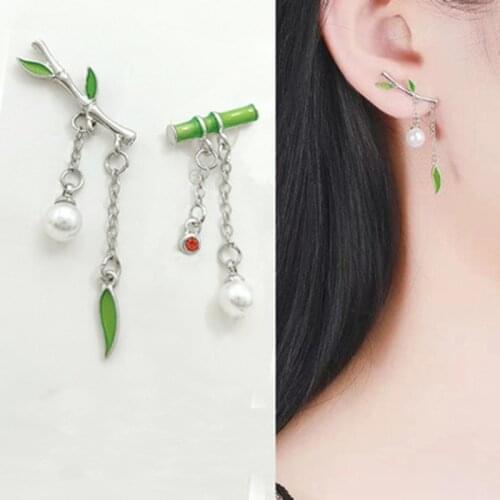 2021 Chinese Bamboo Leaves Fresh Asymmetric Drop Earrings Contracted Elegant Pearl Women Girls Wedding Earrings Jewelry