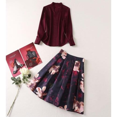European high Street Fashion Skirt Suits 2021 Autumn Women Long Sleeve Wine Red Shirts+Vintage Floral Print Casual Gown Skirt