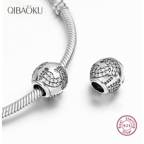 Sterling Silver 925 Beads Baby Footprint Beads Pendant for Bracelet Zircon Charm Accessories DIY Jewelry Making Gift