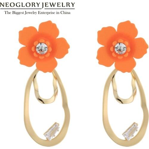 Neoglory Two Tone Plated Bright Enamel Flowers CZ Drop Earrings For Women 2019 Trendy Korean Design Fashion Accessories Gift