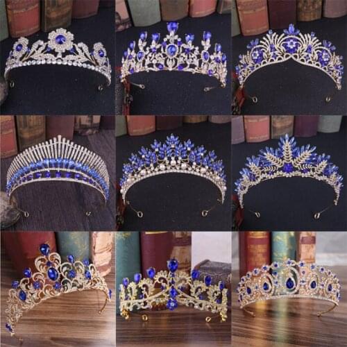 European Blue Crystal Tiaras Vintage Gold Rhinestone Pageant Crown Baroque Bridal Wedding Hair Jewelry Accessories Gift
