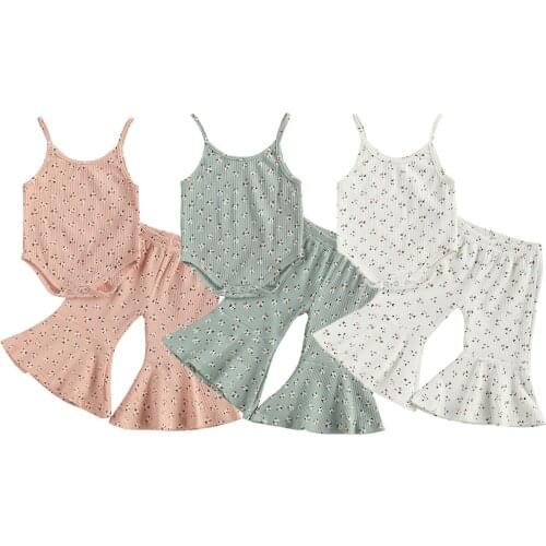 FOCUSNORM 0-3Y Summer Lovely Baby Girls Clothes Sets Flowers Printed Sleeveless Romper Tops Flare Elastic Pants